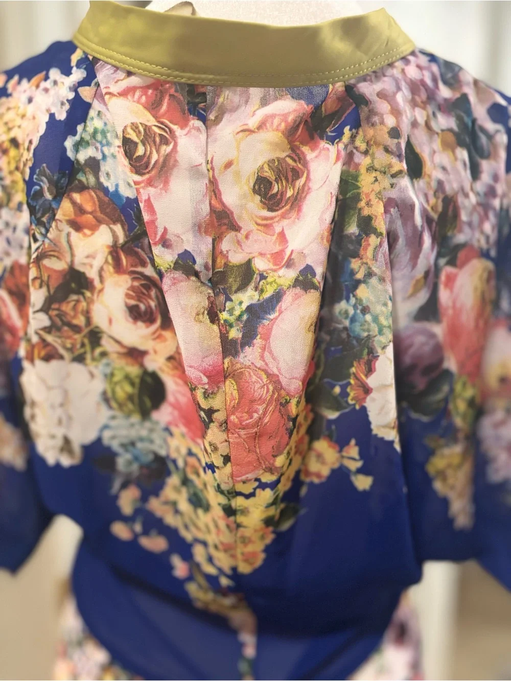 Aratta Royal Blue Floral V-Neck Ruffle Dress with Olive Trim